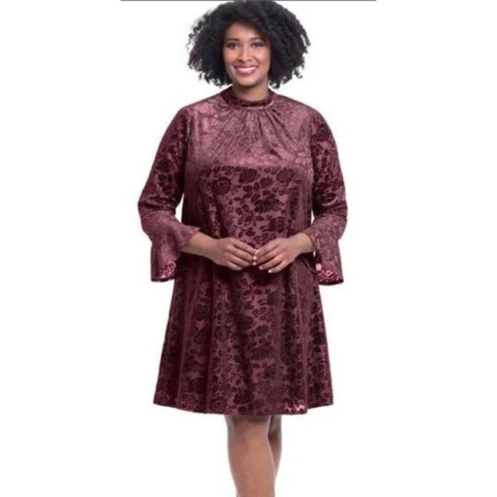 Maggy London Calla Velvet Red Floral Long Sleeve Dress Size 22W Stretch